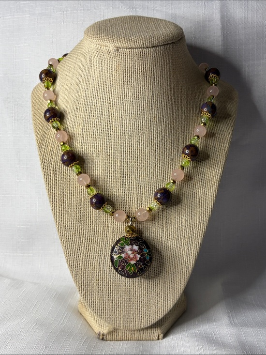 Real Diehl Jewelry Jewelry - Floral Cloisonné Pendant Necklace w/Rose Quartz, and Glass